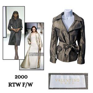 Vtg Y2K VALENTINO Metallic Futurism 100% Silk Green-Gray Belted Moto Trench Sz 8
